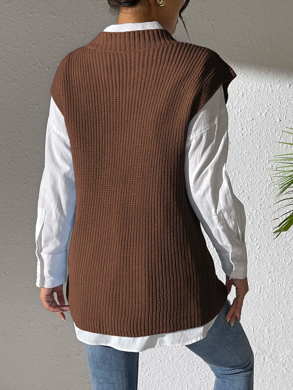 Spring and Autumn V-neck Simple Vest Hand Hook Flower Splicing Machine Woven Sweater Clip