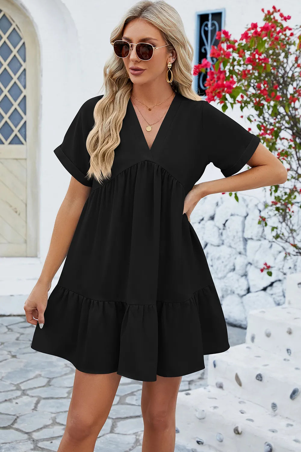 Spring and summer new solid color V-neck loose pleated dress for women