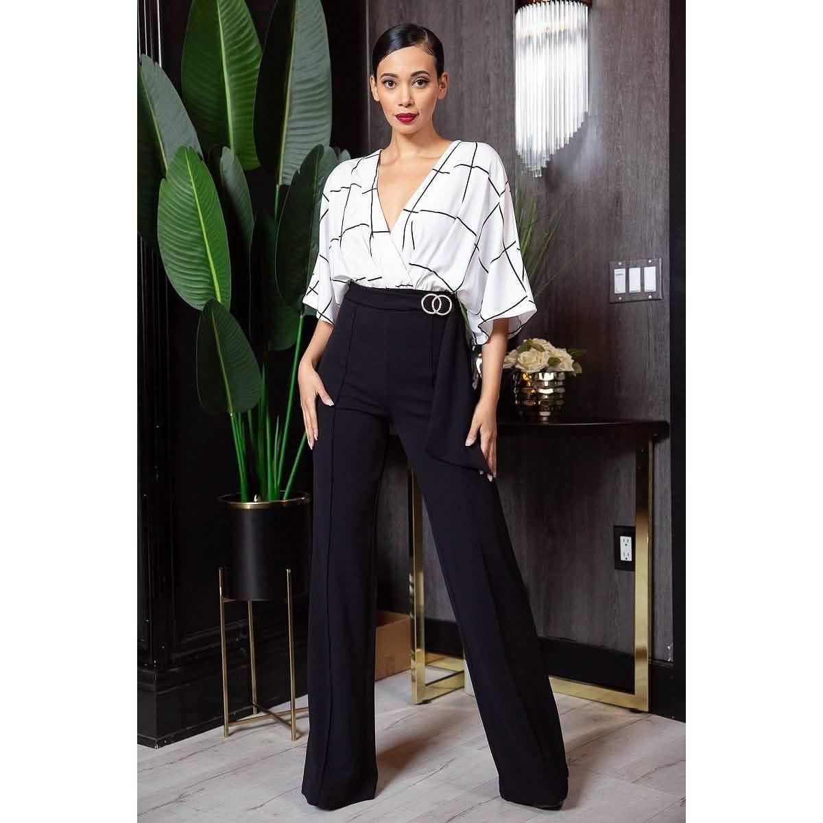 Square Print Woven Top Detailed Fashion Jumpsuit