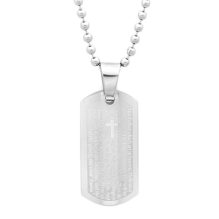 Stainless Steel Our Father Prayer Leather Bracelet and Dog Tag Pendant