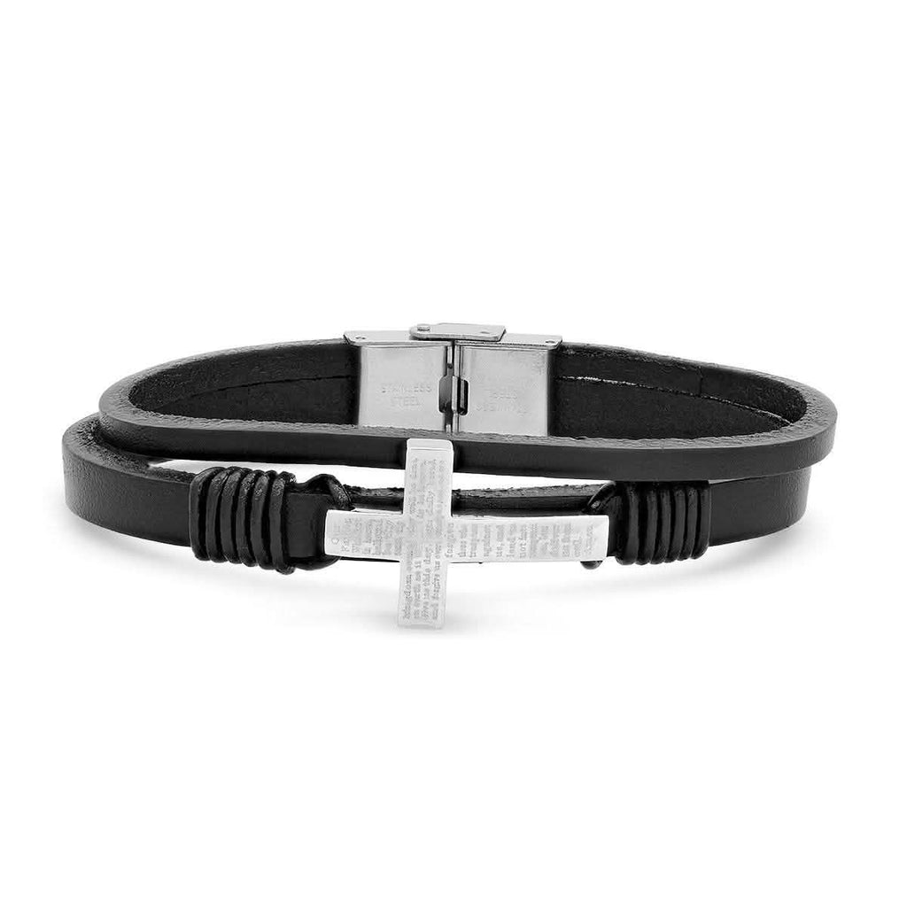 Stainless Steel Our Father Prayer Leather Bracelet and Dog Tag Pendant