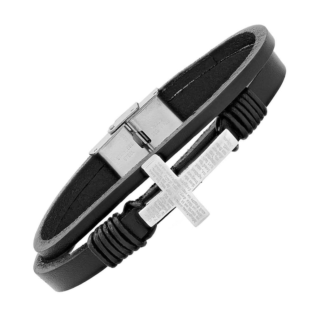 Stainless Steel Our Father Prayer Leather Bracelet and Dog Tag Pendant