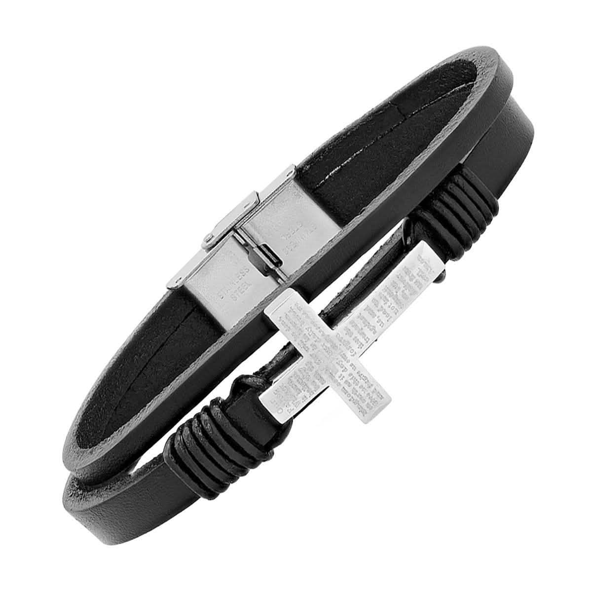 Stainless Steel Our Father Prayer Leather Bracelet and Dog Tag Pendant