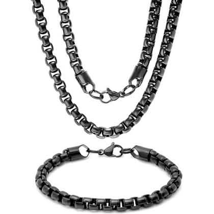 Steeltime Men's 7mm Round Box Stainless Steel Necklace and Bracelet