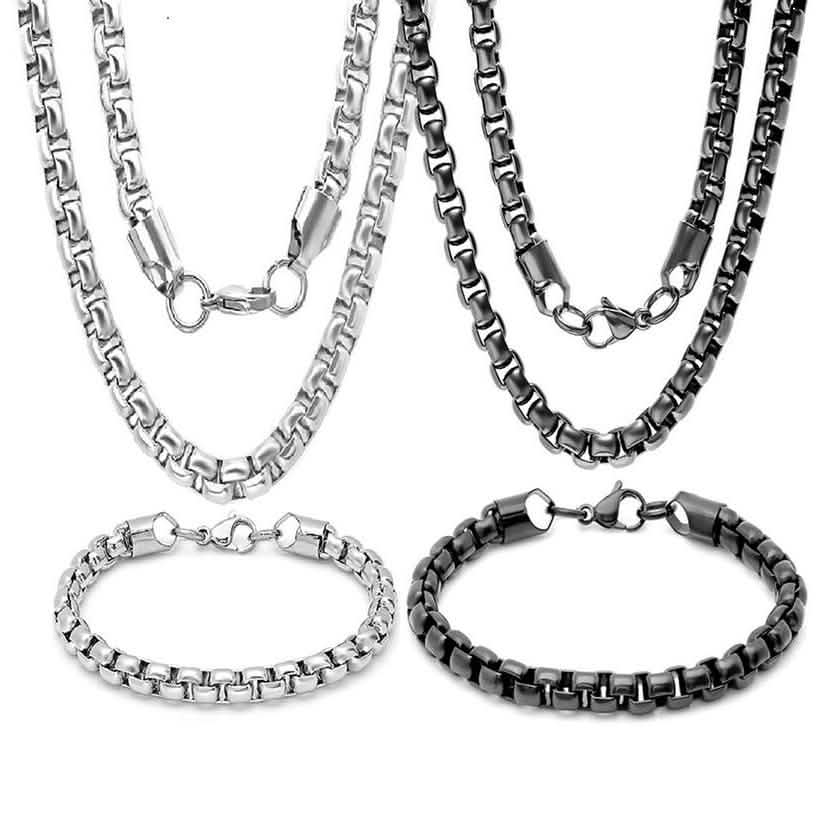 Steeltime Men's 7mm Round Box Stainless Steel Necklace and Bracelet