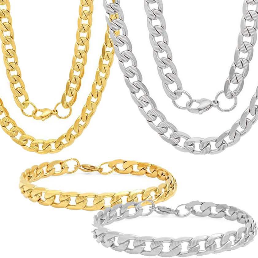 Steeltime Men's 8mm Stainless Steel Diamond Cut Cuban Link Chain Necklace and Bracelet