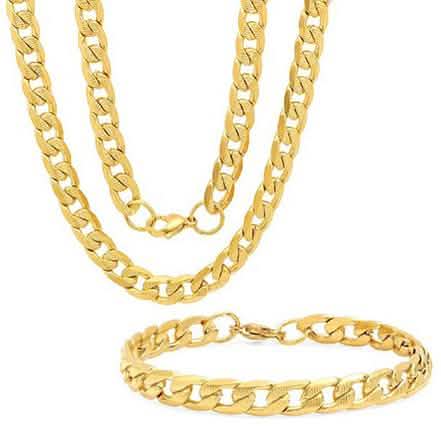 Steeltime Men's 8mm Stainless Steel Diamond Cut Cuban Link Chain Necklace and Bracelet