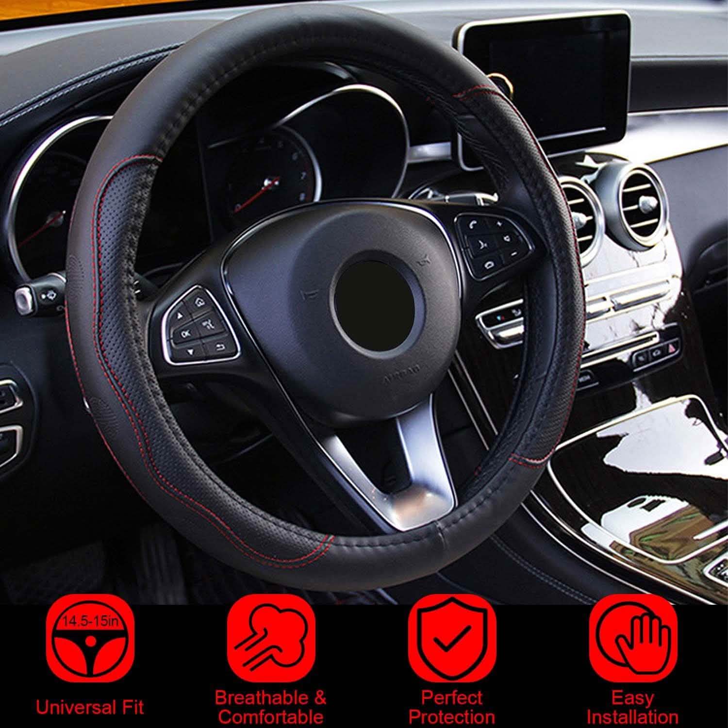 Steering Wheel Cover 14.5"- 15" Diameter Universal Fiber Leather
