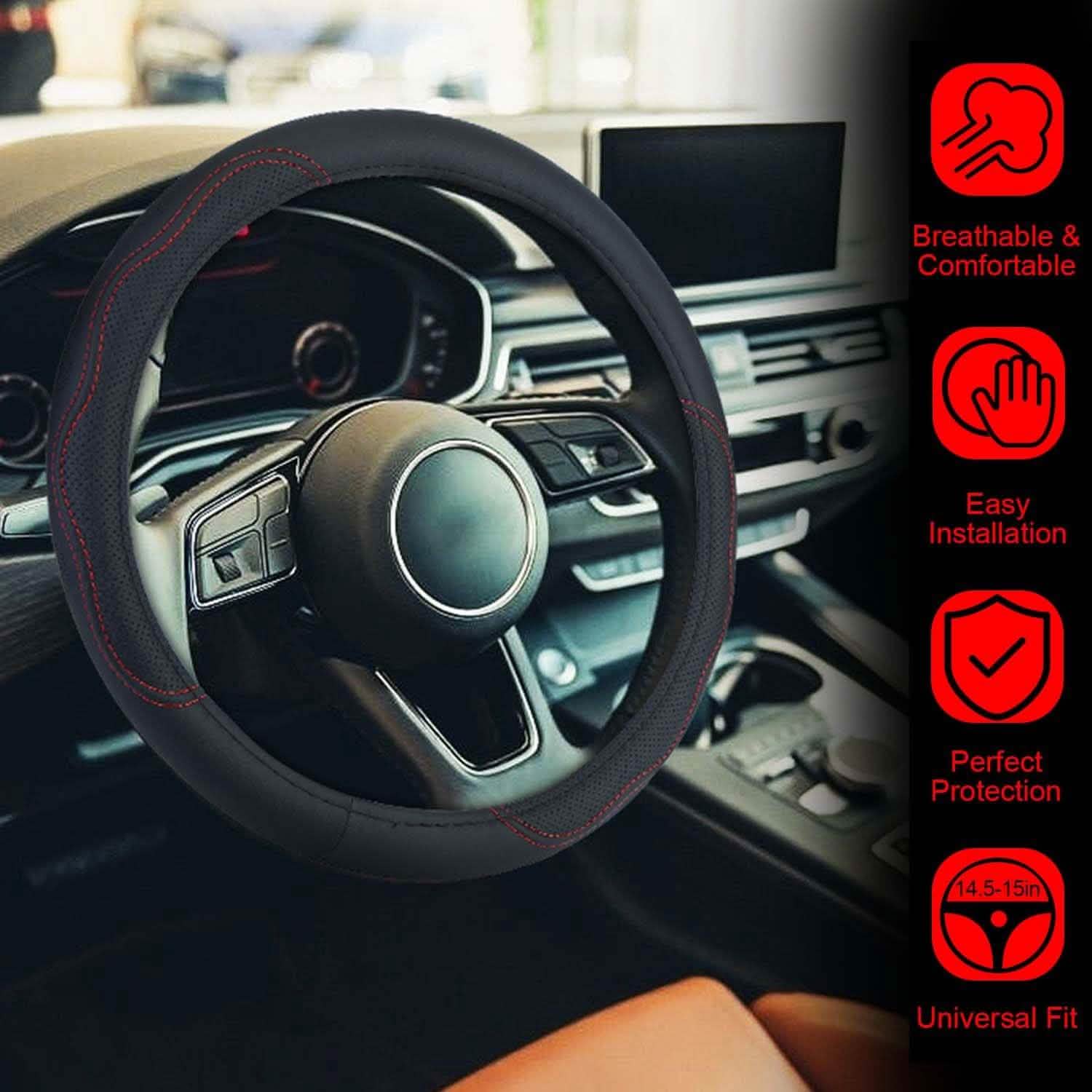 Steering Wheel Cover 14.5"- 15" Diameter Universal Fiber Leather