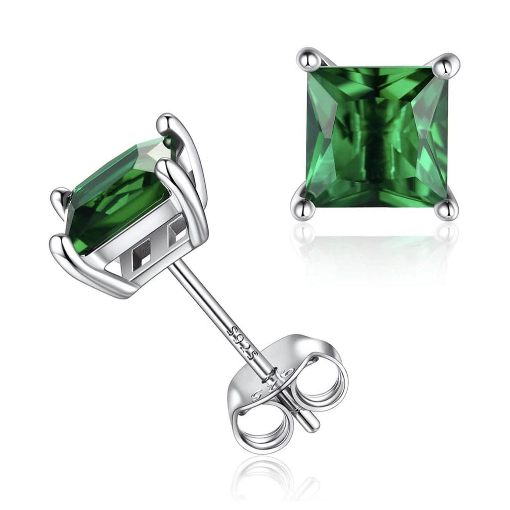 Sterling Silver 925 Princess Cut Emerald Studs