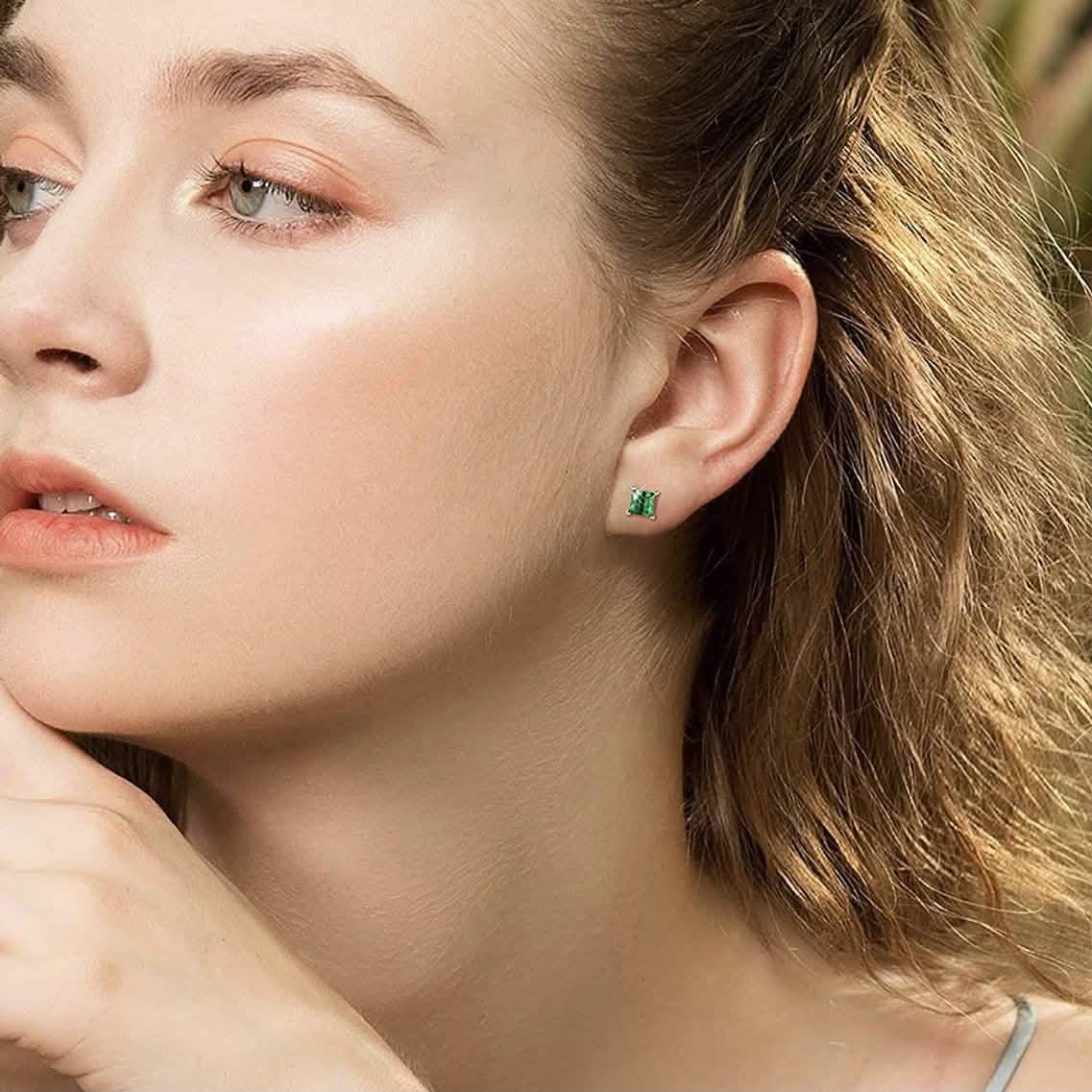 Sterling Silver 925 Princess Cut Emerald Studs