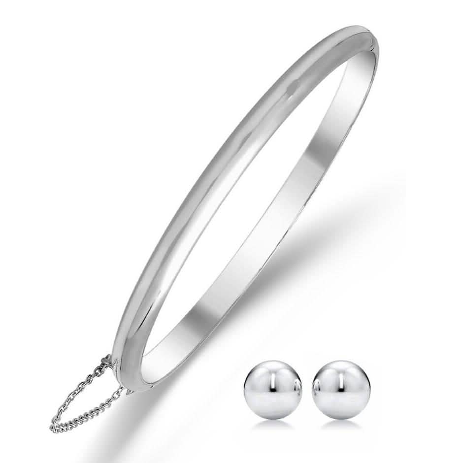 Sterling Silver Bangle with Ball Stud Earring Set