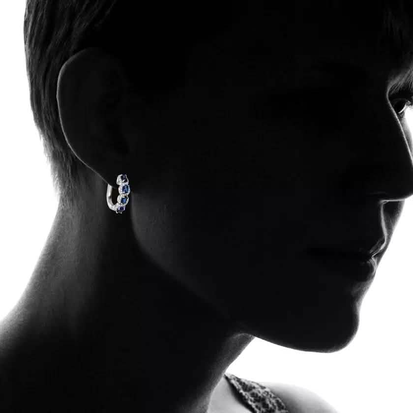 Sterling Silver Created Blue Sapphire Halo Hoop Earring