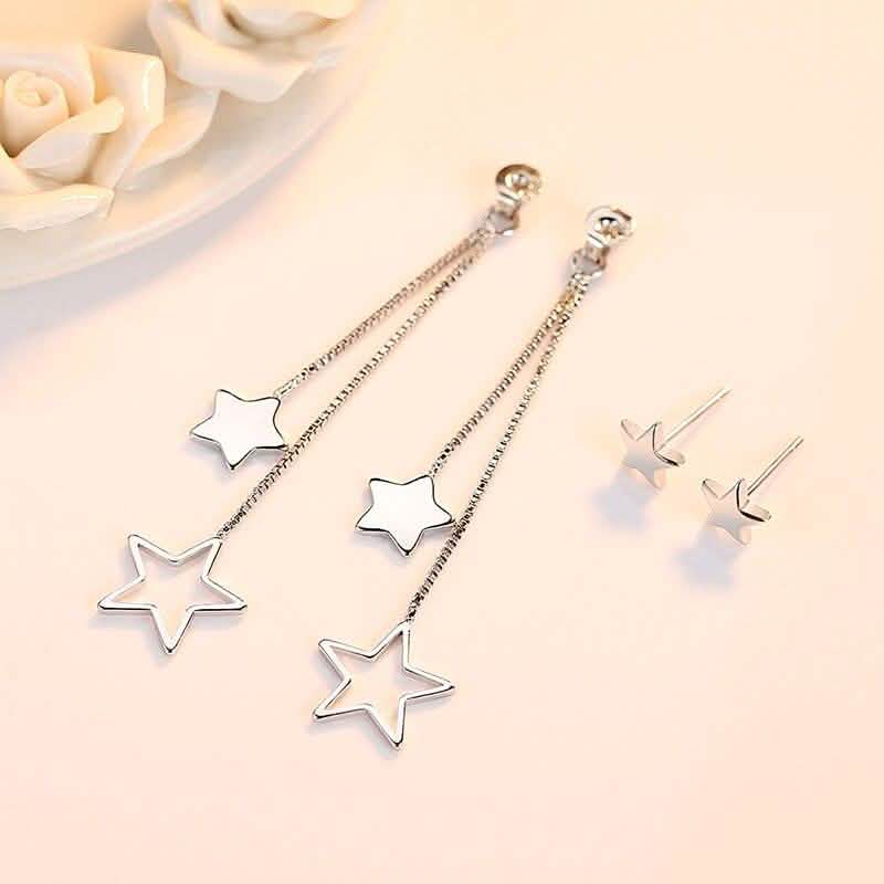 Sterling Silver Long Star Drop Earrings