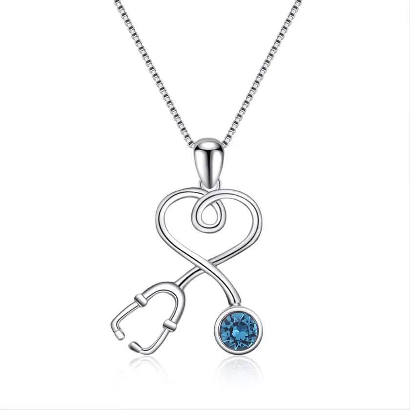 Sterling Silver Stethoscope Heart Pendant Necklace With Swarovski Crystals