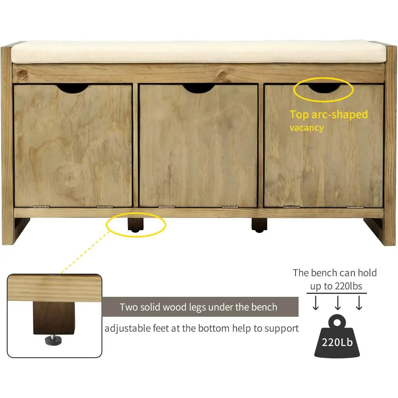 Storage Bench with Removable Cushion and 3 Flip Lock Storage Cubbies