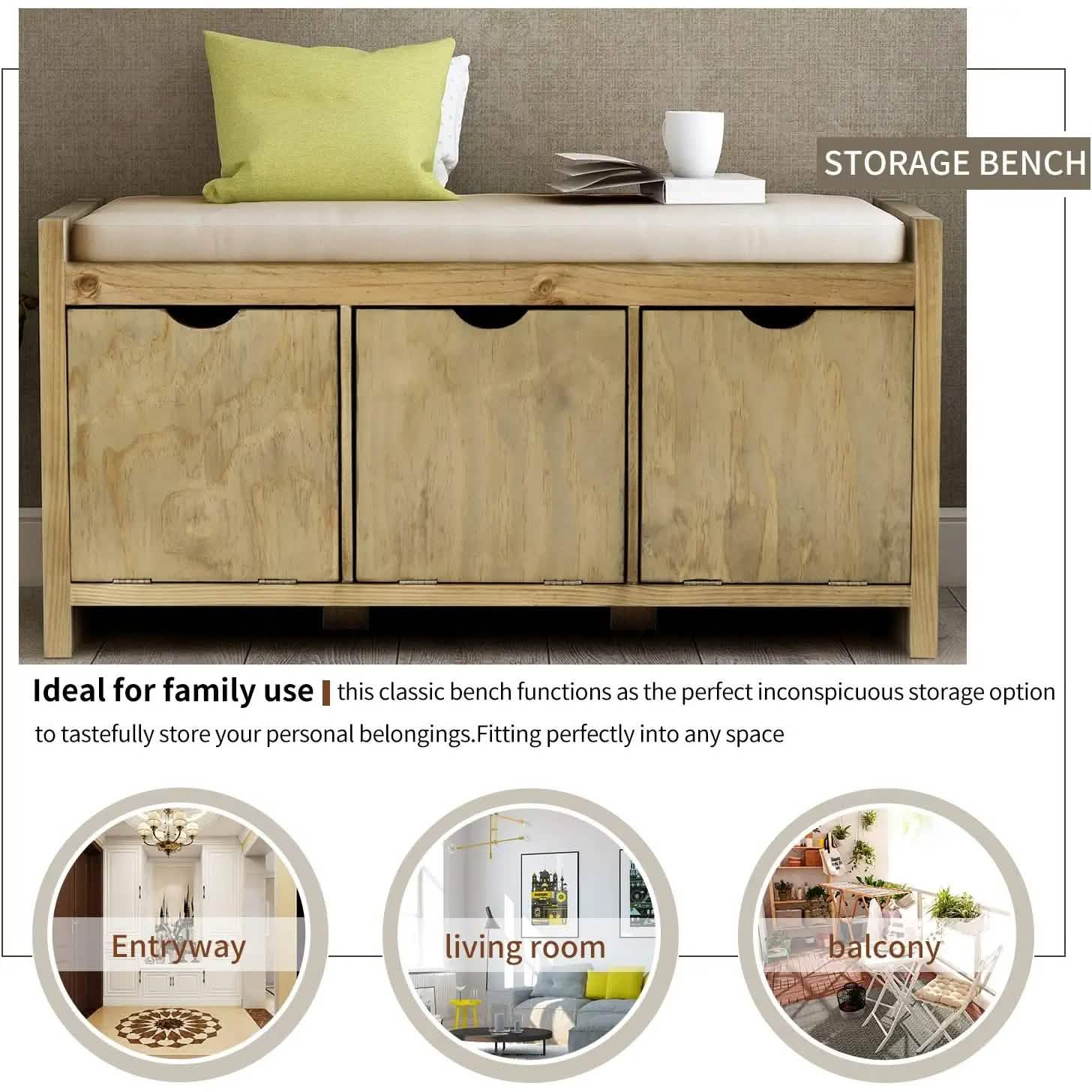 Storage Bench with Removable Cushion and 3 Flip Lock Storage Cubbies