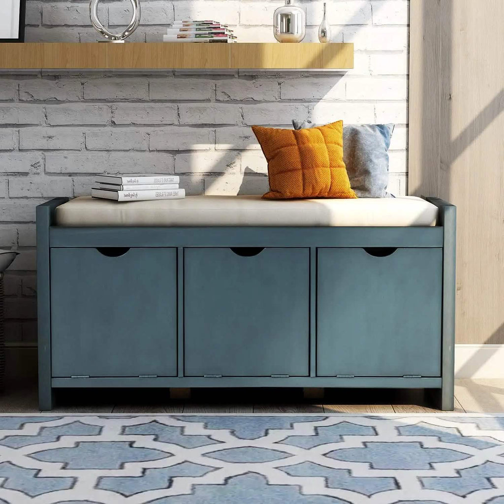 Storage Bench with Removable Cushion and 3 Flip Lock Storage Cubbies