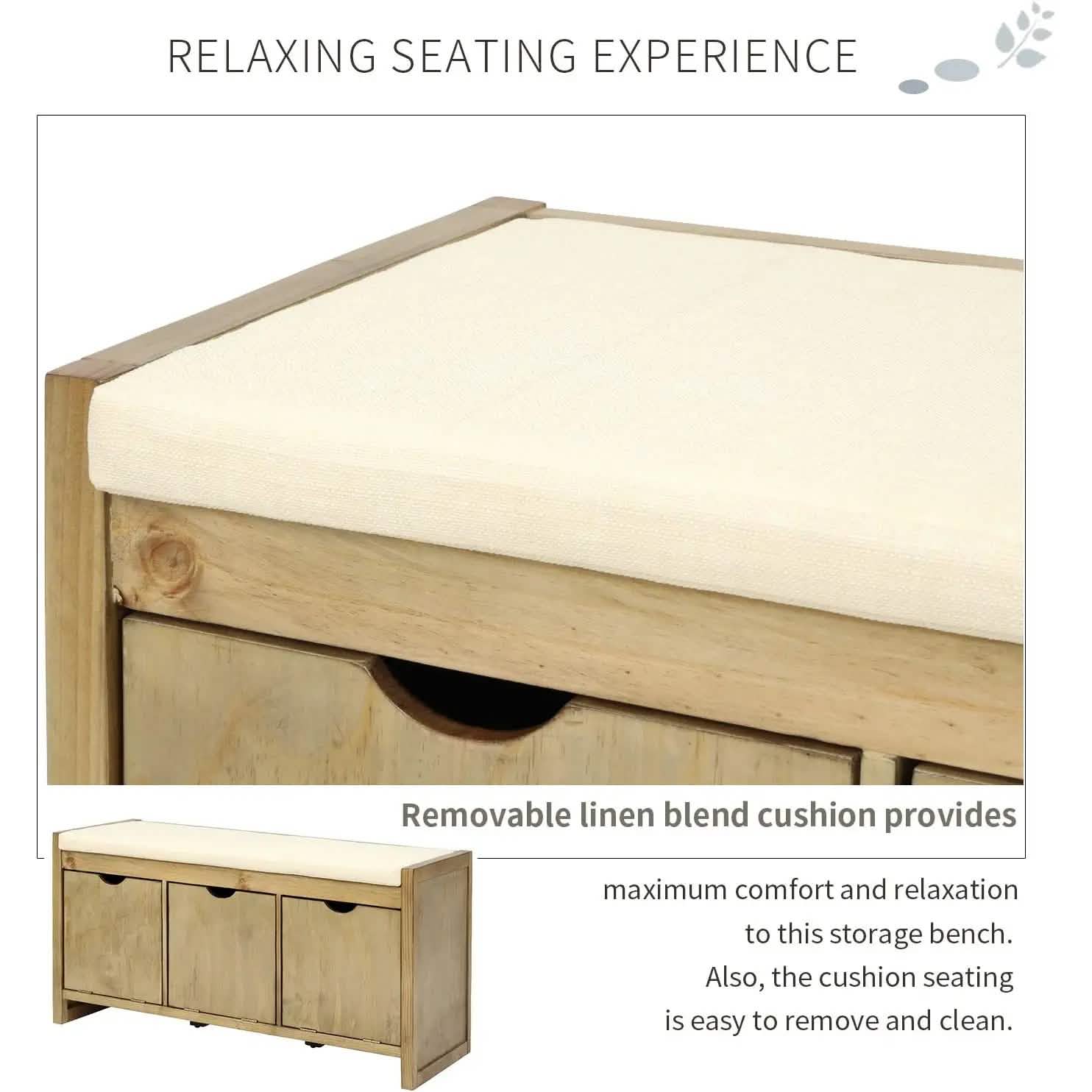 Storage Bench with Removable Cushion and 3 Flip Lock Storage Cubbies