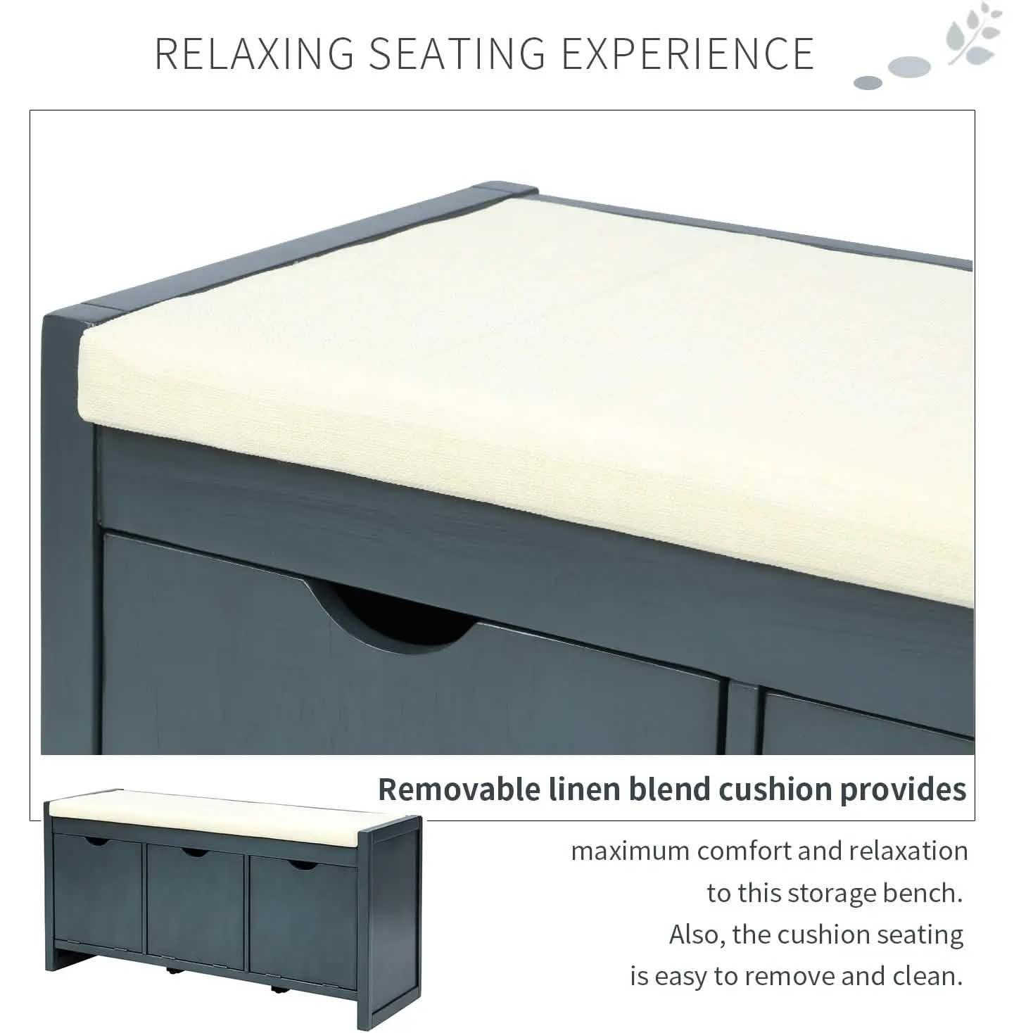 Storage Bench with Removable Cushion and 3 Flip Lock Storage Cubbies