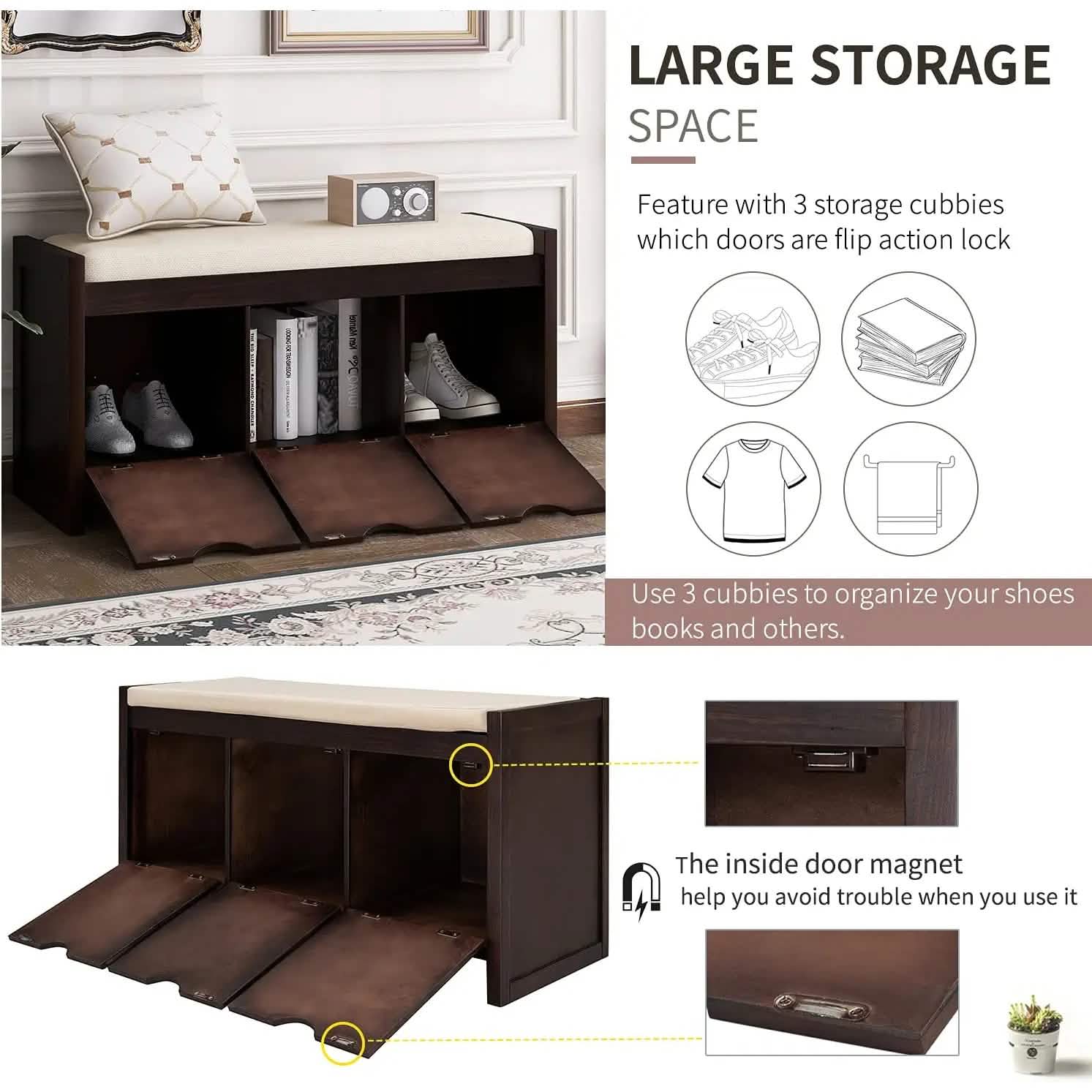 Storage Bench with Removable Cushion and 3 Flip Lock Storage Cubbies