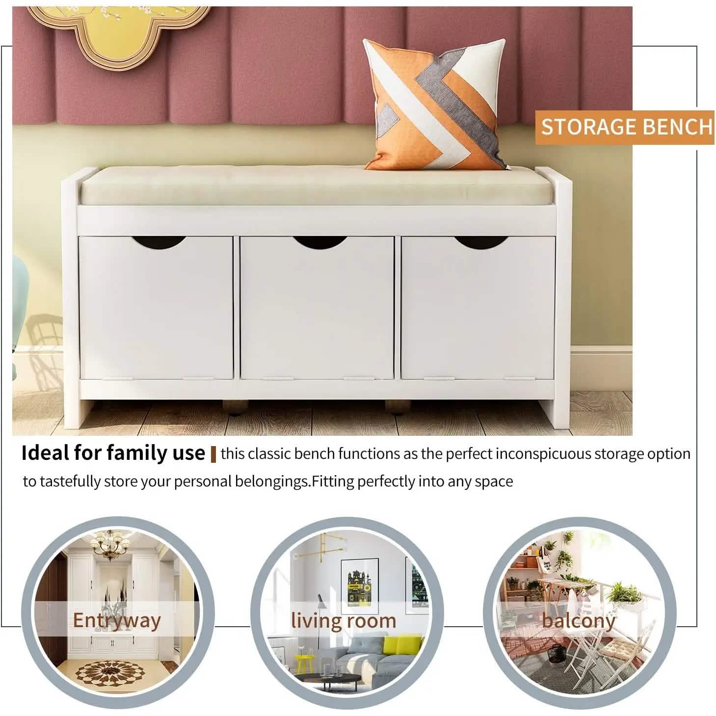 Storage Bench with Removable Cushion and 3 Flip Lock Storage Cubbies