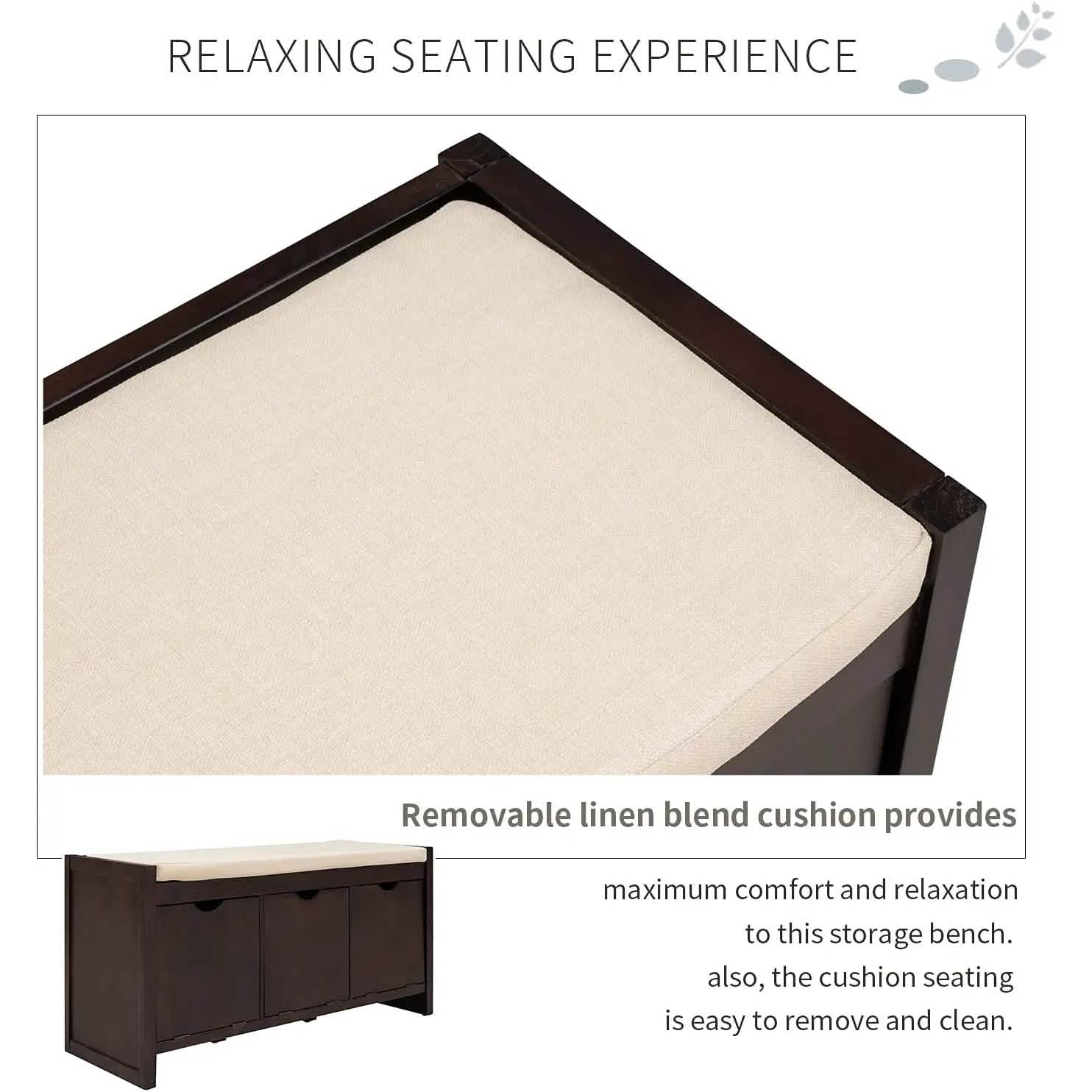 Storage Bench with Removable Cushion and 3 Flip Lock Storage Cubbies