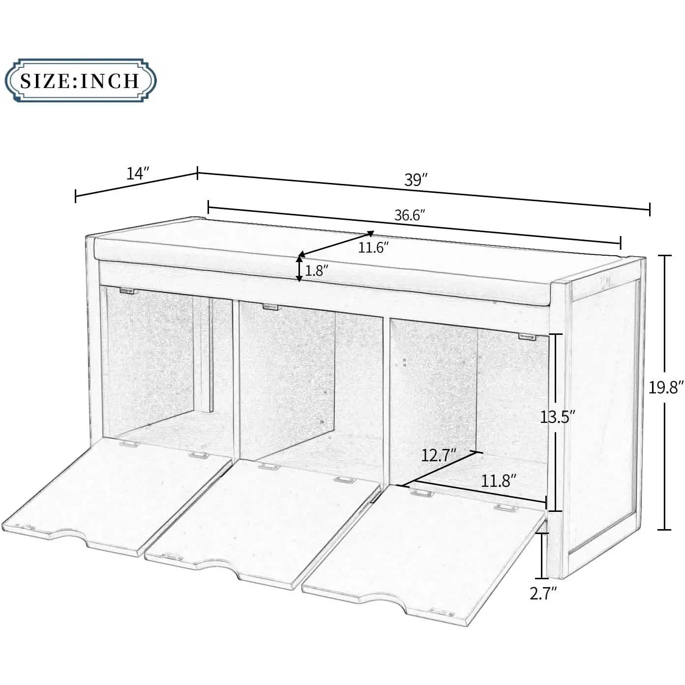 Storage Bench with Removable Cushion and 3 Flip Lock Storage Cubbies