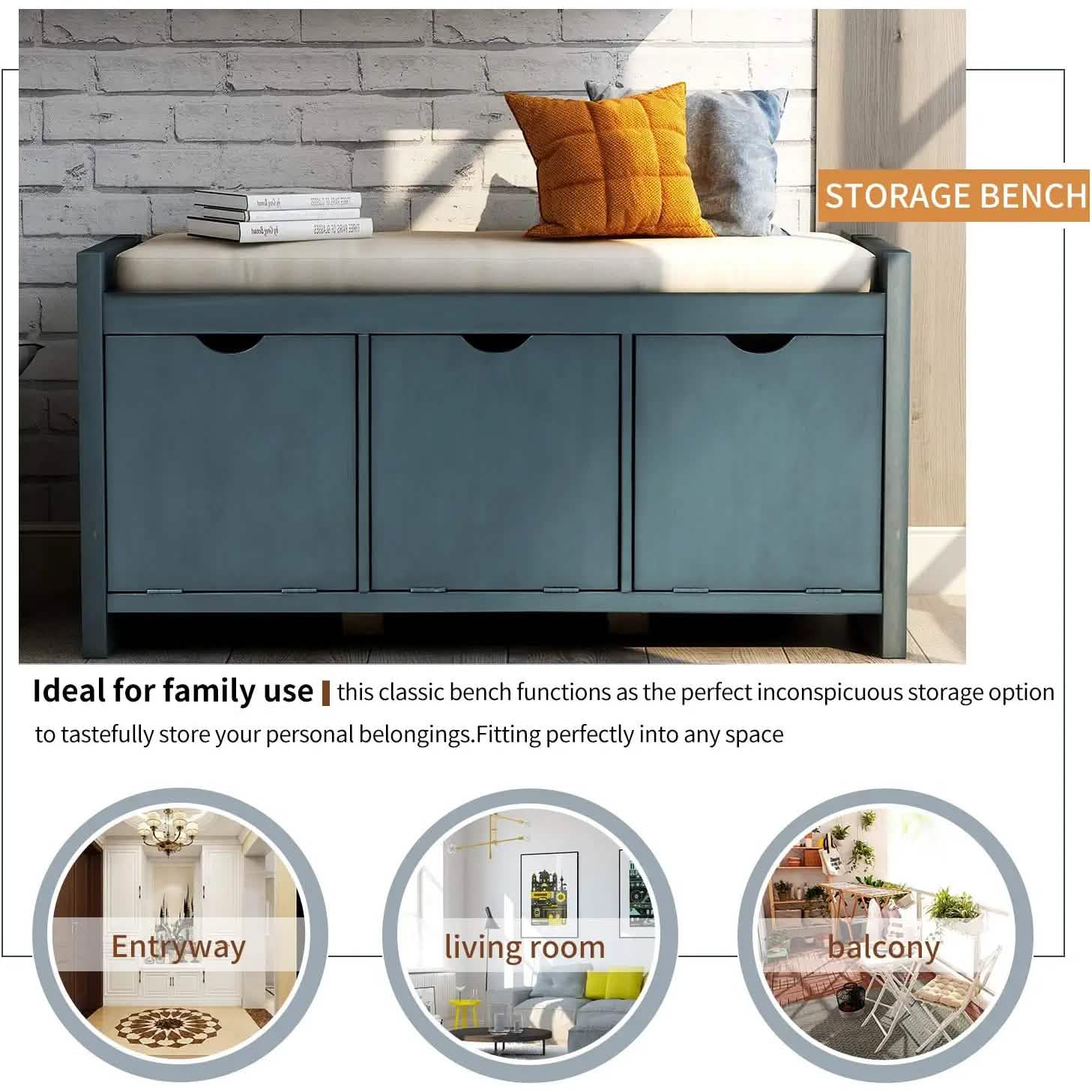 Storage Bench with Removable Cushion and 3 Flip Lock Storage Cubbies