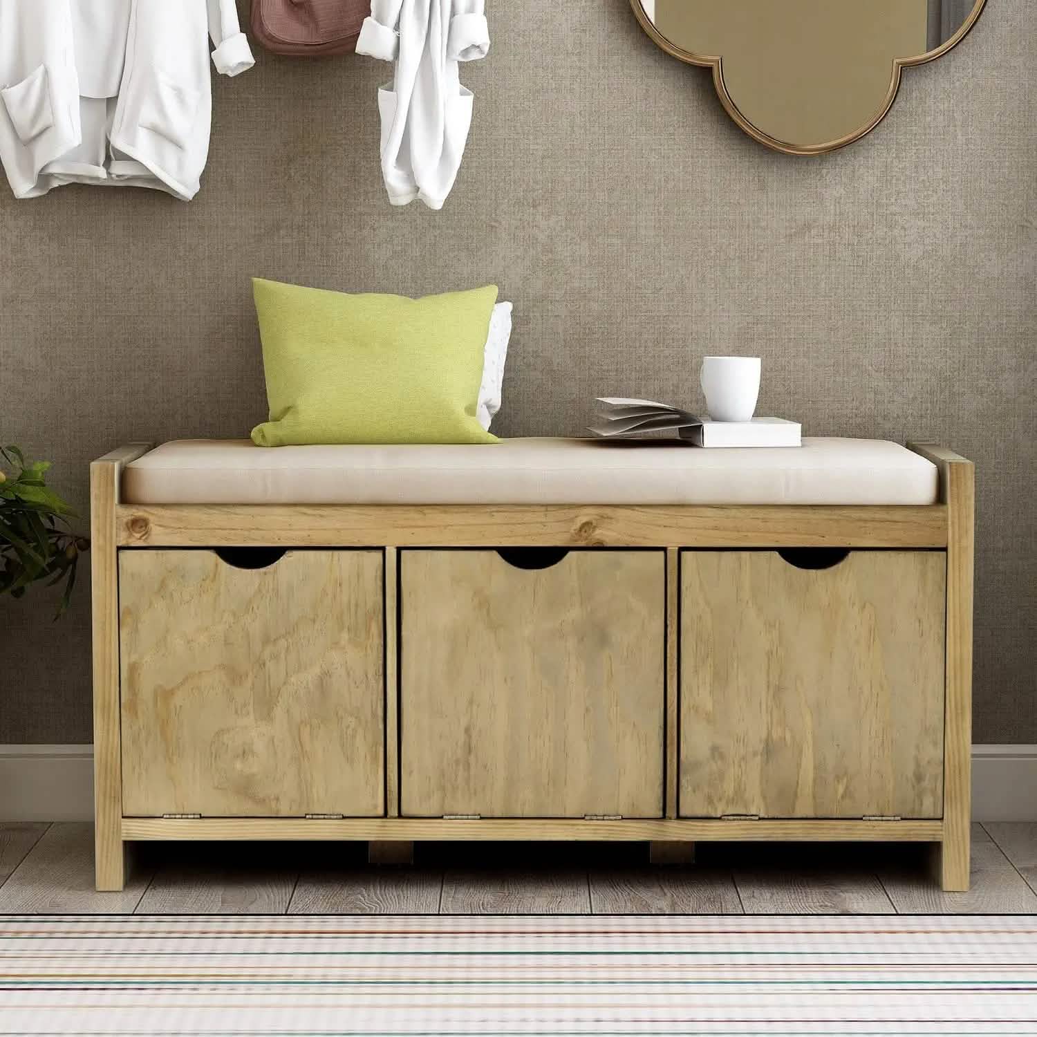 Storage Bench with Removable Cushion and 3 Flip Lock Storage Cubbies