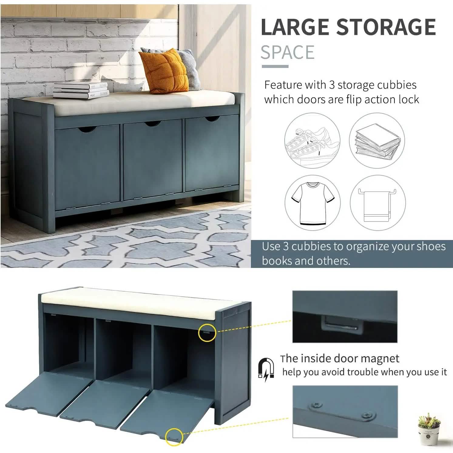 Storage Bench with Removable Cushion and 3 Flip Lock Storage Cubbies