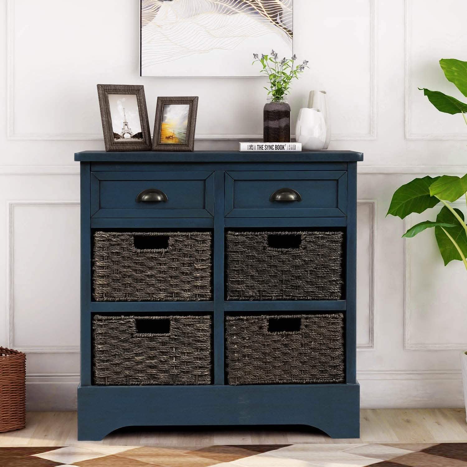 Storage Cabinet with 2 Drawers and 4 Rattan Baskets
