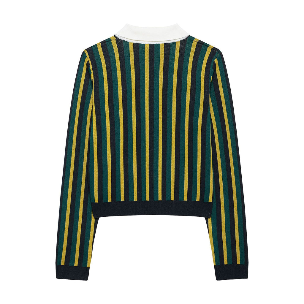 Striped lapel long sleeved casual knit sweater