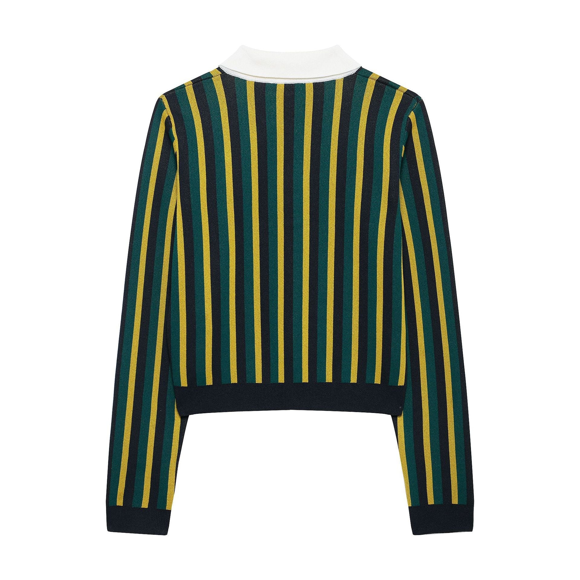 Striped lapel long sleeved casual knit sweater