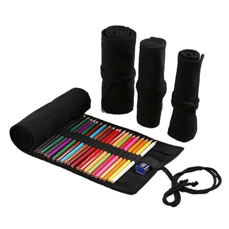 Students Roll Design Black Color Pencil Retro Canvas Wrap Up Pencil Case High Quality Stationary Pouch