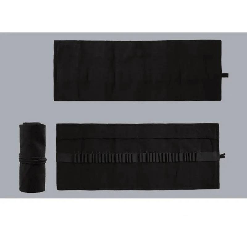 Students Roll Design Black Color Pencil Retro Canvas Wrap Up Pencil Case High Quality Stationary Pouch