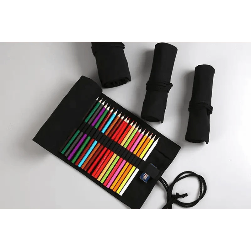 Students Roll Design Black Color Pencil Retro Canvas Wrap Up Pencil Case High Quality Stationary Pouch
