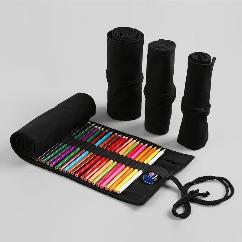 Students Roll Design Black Color Pencil Retro Canvas Wrap Up Pencil Case High Quality Stationary Pouch
