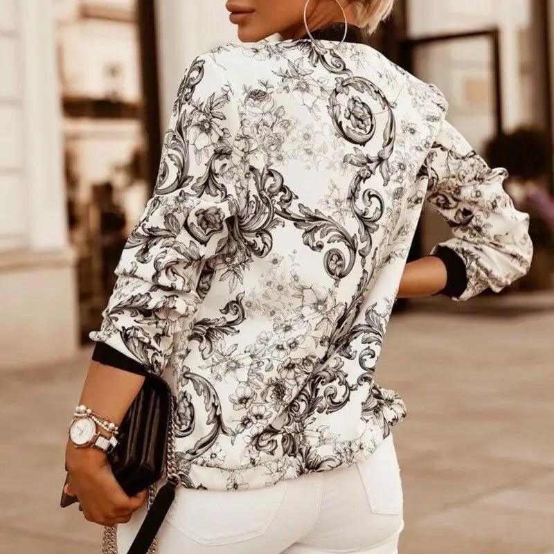 Stunning Flower Print Long Sleeve Women's Bomber Jacket Fashionable Zipper Up Vintage Coat Tops Elegant Slim Basic Ladies Jackets Outwear
