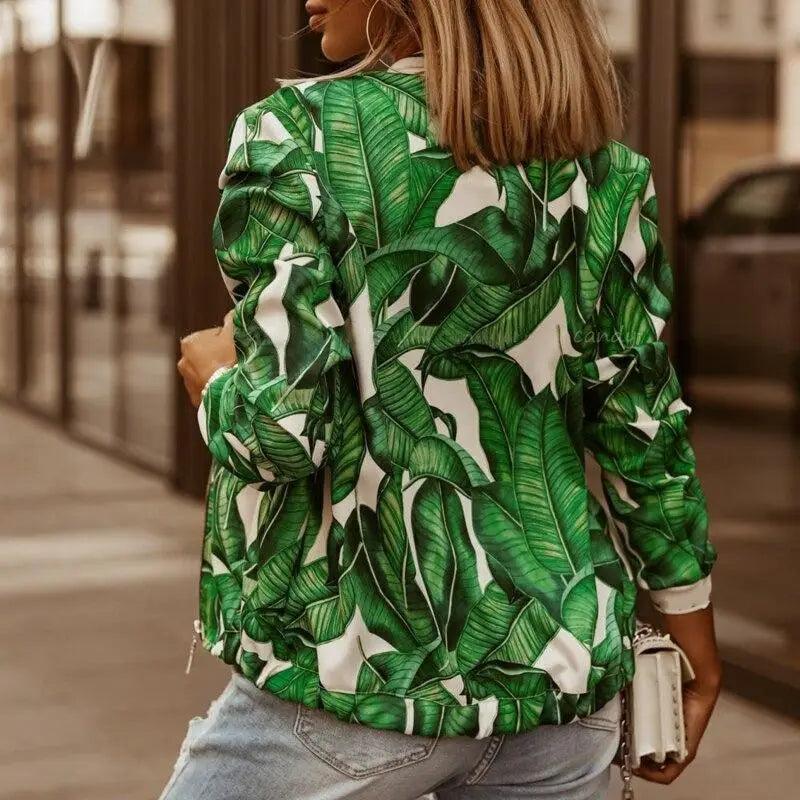 Stunning Flower Print Long Sleeve Women's Bomber Jacket Fashionable Zipper Up Vintage Coat Tops Elegant Slim Basic Ladies Jackets Outwear