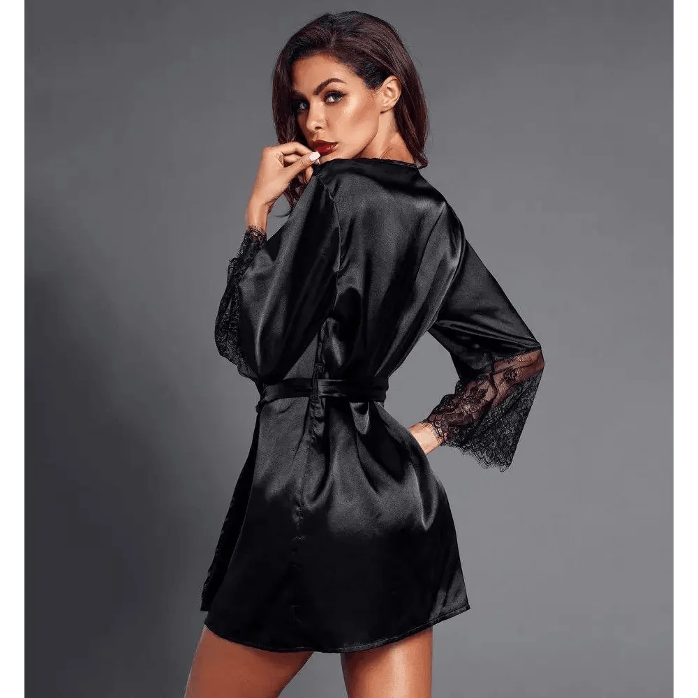 Stylish Black Satin Silk Short Bathrobes For Women Classic Lace On Sleeves Sleepwear Vintage Women's Sleewear