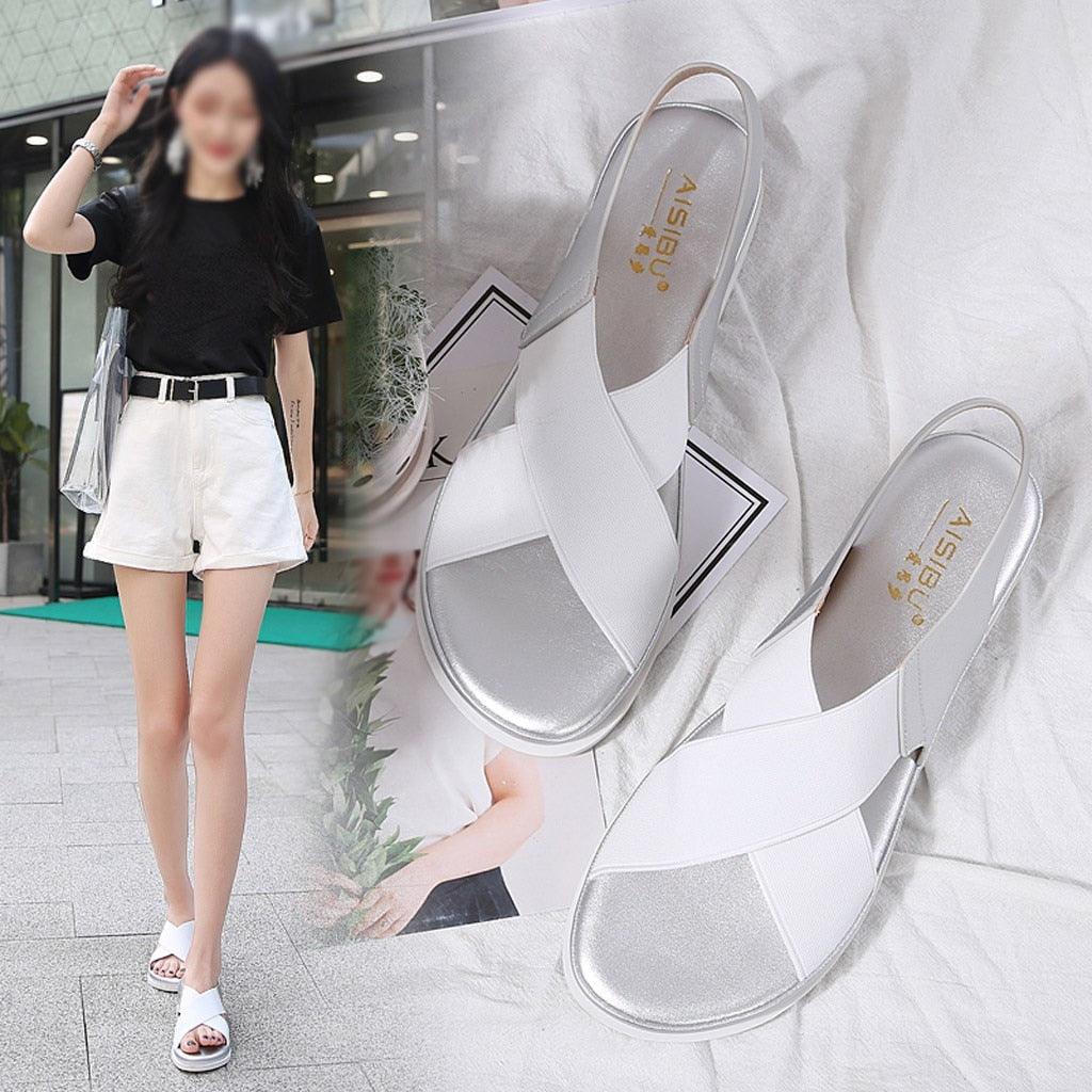 Summer Comfy Slip On Women Sandals Elastic Textile Sandals Casual Beach Shoes For Woman Classics Non-slip Lightweight Flat Sandals Fashion Sandals Ankle Strap Flat Sandals