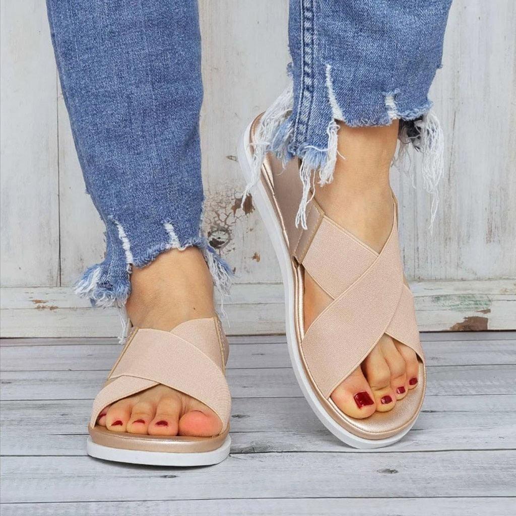 Summer Comfy Slip On Women Sandals Elastic Textile Sandals Casual Beach Shoes For Woman Classics Non-slip Lightweight Flat Sandals Fashion Sandals Ankle Strap Flat Sandals