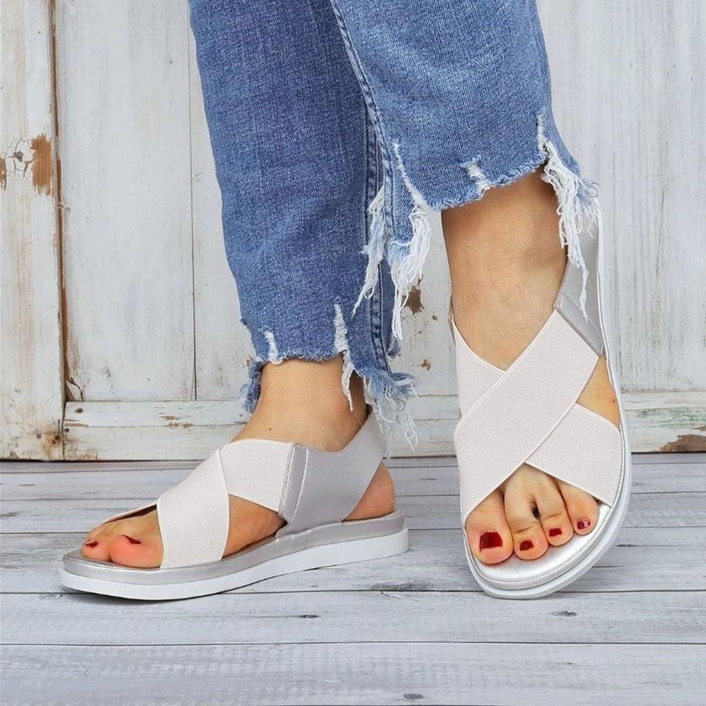 Summer Comfy Slip On Women Sandals Elastic Textile Sandals Casual Beach Shoes For Woman Classics Non-slip Lightweight Flat Sandals Fashion Sandals Ankle Strap Flat Sandals