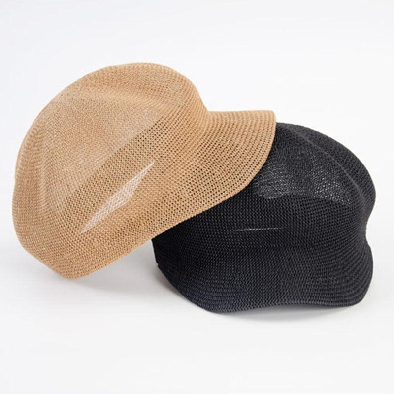 Summer Fashion Cap Straw Women Cap Adjustable Beret Mesh Breathable Berets Women Autumn Winter Hat Retro Pure Color Beanie Outdoor Beige Hat 56-58cm