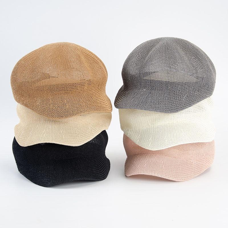 Summer Fashion Cap Straw Women Cap Adjustable Beret Mesh Breathable Berets Women Autumn Winter Hat Retro Pure Color Beanie Outdoor Beige Hat 56-58cm