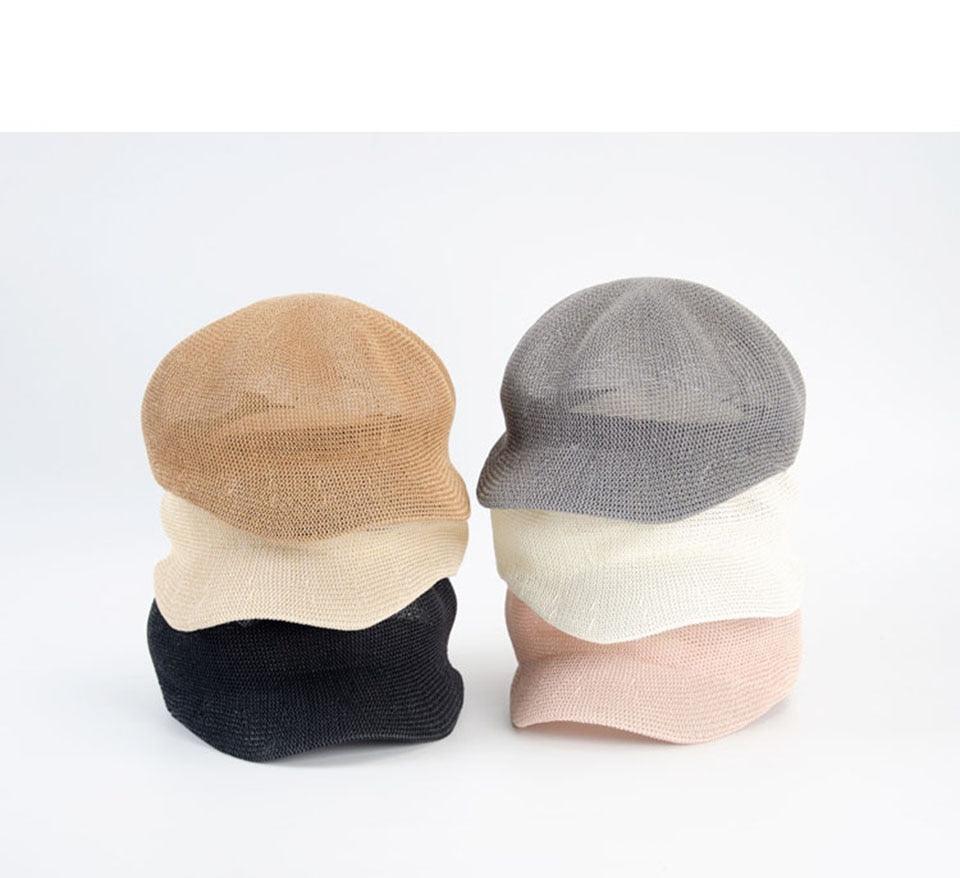 Summer Fashion Cap Straw Women Cap Adjustable Beret Mesh Breathable Berets Women Autumn Winter Hat Retro Pure Color Beanie Outdoor Beige Hat 56-58cm