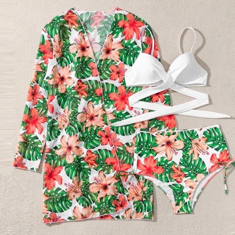 Summer Floral Print Bikini Swimsuit Women 3 Piece High-Waist Bikini Set Swimwear Female Push-Up Bathing Suit Tropical High Waist Wrap Swimsuit With Beach Cover Ups Soft And Breathable Summer Bikini
