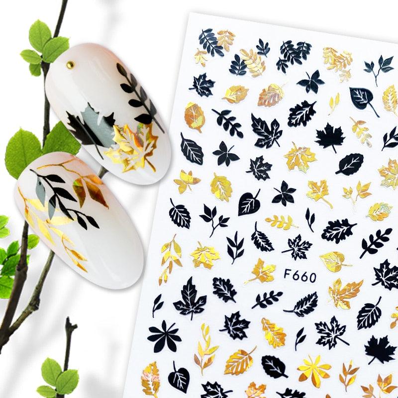 Summer Glitter Nail Decals Stickers Gold Black White Leaf Manicuring Foils Geometric Slider Nail Art Adhesive Decor Adhesive 3D Wave Design Decoration for Women Girls Art Stickers Decal Decoration Metallic Curve Strip Line Nail Decor