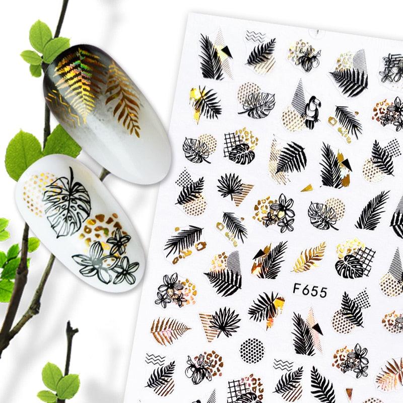 Summer Glitter Nail Decals Stickers Gold Black White Leaf Manicuring Foils Geometric Slider Nail Art Adhesive Decor Adhesive 3D Wave Design Decoration for Women Girls Art Stickers Decal Decoration Metallic Curve Strip Line Nail Decor
